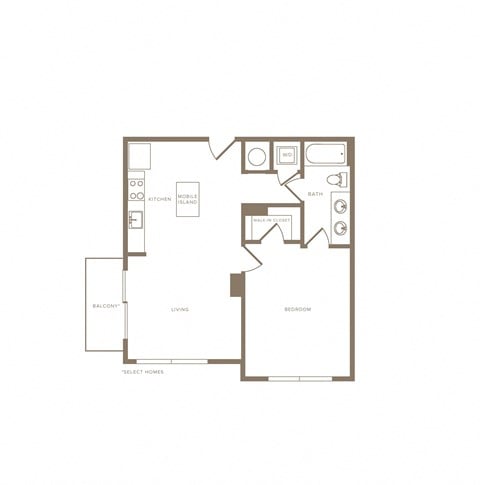 Floor plan for 1 bed, 1 bath, 762 sqft